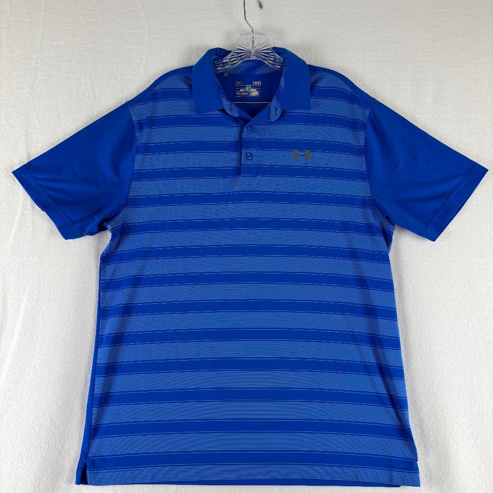 Under Armour, Blue Stripes, Loose, Heat Gear, Polo Short Sleeve, Shirt Size L
